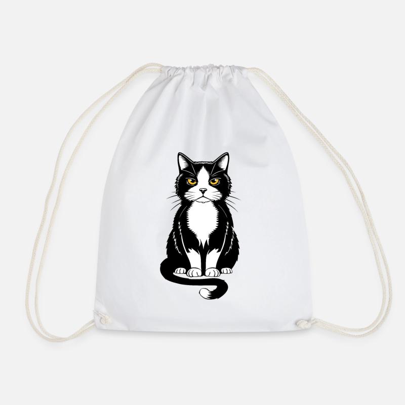 Illustration einer schwarz-weißen Katze mit gelben Augen - Turnbeutel - Weiß