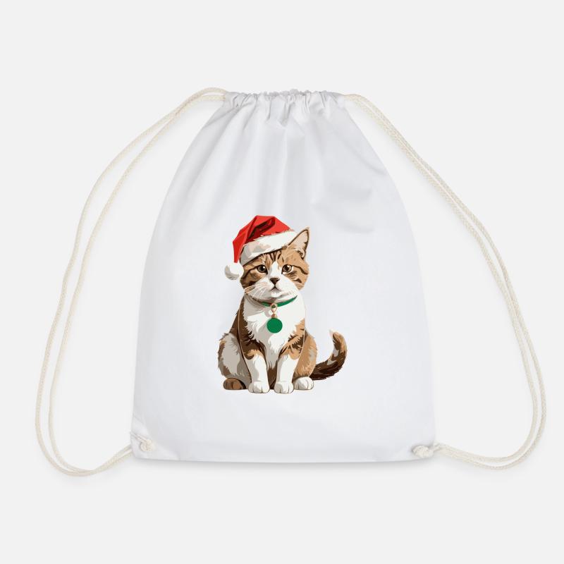 Cute Cat with Santa Hat - Drawstring Bag - white