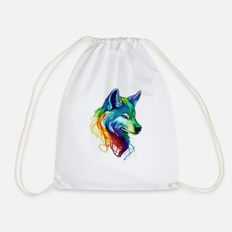 Majestic Rainbow Wolf - Drawstring Bag - white