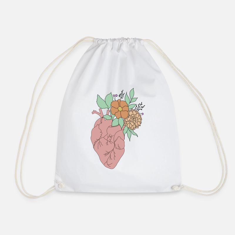 anatomisches Herz mit Blumen, Outline weiß - Turnbeutel - Weiß