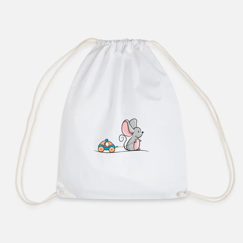Mouse with wood car as a toy - Drawstring Bag - white
