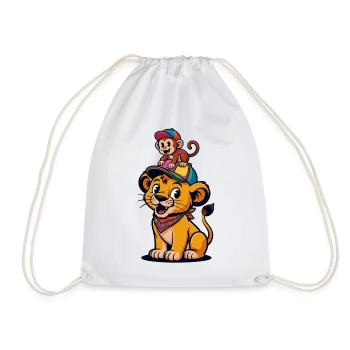 Cute Lion and Monkey – Best Friends Cartoon Style - Drawstring Bag - white - Front