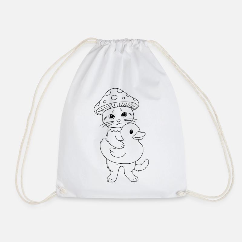 Mushroom Cat with Duck - Drawstring Bag - white