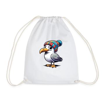 Moin Möwe Beanie Mütze T-Shirt Tasche Brusttasche - Turnbeutel - Weiß - Vorne