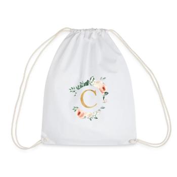 C Monogram Green, Pastel, Wreath - Drawstring Bag - white - Front