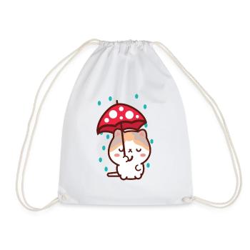 Cute Kawaii Cat Holding a Toadstool Umbrella Rain - Drawstring Bag - white - Front