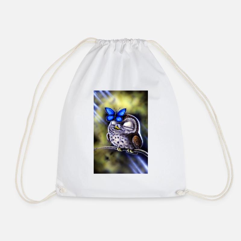 Owl with butterfly - Drawstring Bag - white