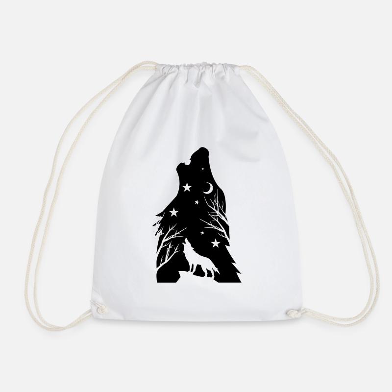 Wolf Howls Black Full Moon - Drawstring Bag - white