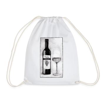 Wine Bottle with Glass - Hand Carved Printable - Drawstring Bag - white - Front