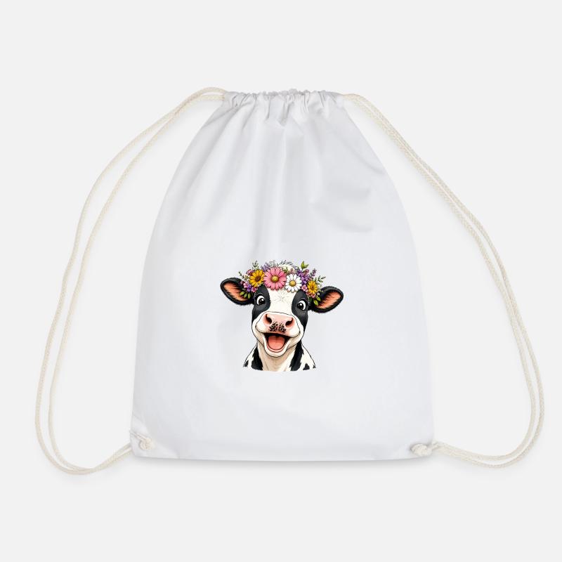 Cow with flower wreath - Drawstring Bag - white