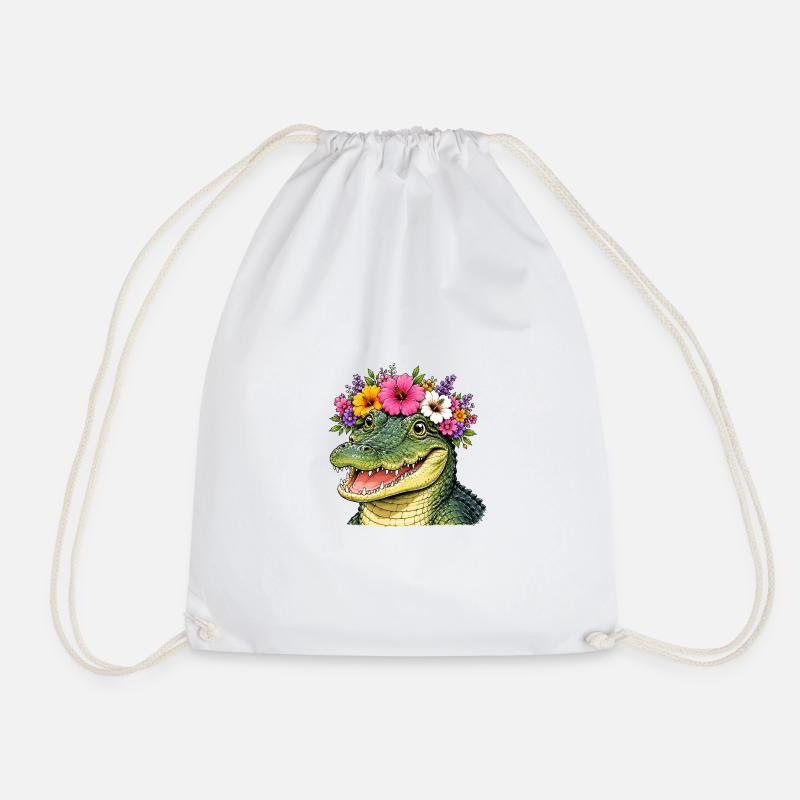 Crocodile with floral decoration - Drawstring Bag - white