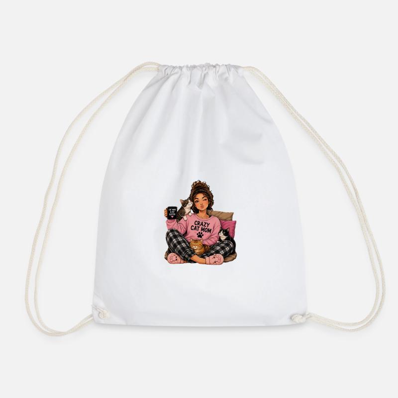 Crazy Cat Mom Cuddle Design - Drawstring Bag - white