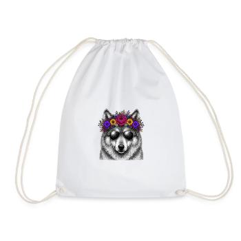 Wolf with flower wreath and sunglasses - Drawstring Bag - white - Front
