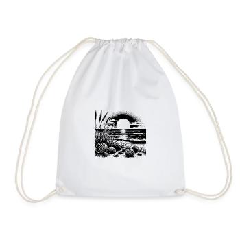 Shells and grass beach motif with sunset - Drawstring Bag - white - Front