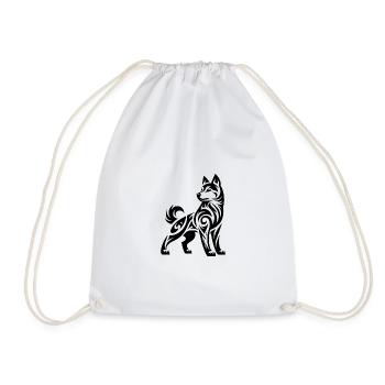 Shaded Tribal Line Art Husky Dog Design - Drawstring Bag - white - Front