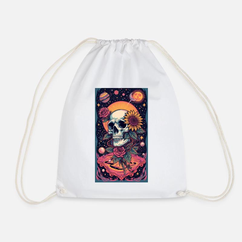 Skull and Space Flower - Drawstring Bag - white
