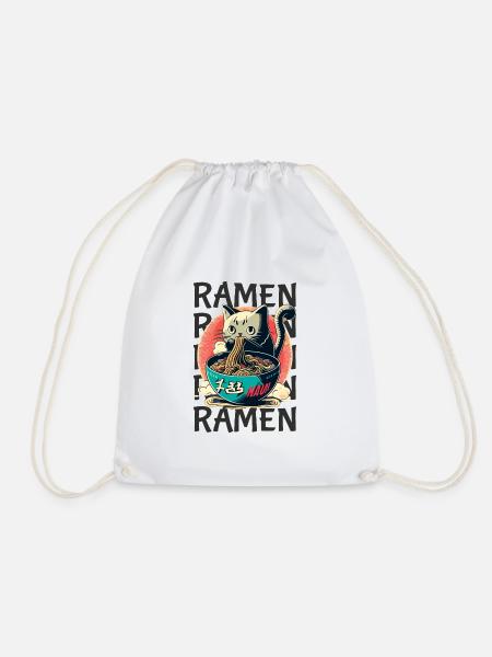 Ramen Cat Kawaii Noodles Japanese Ramen Cat - Drawstring Bag - white