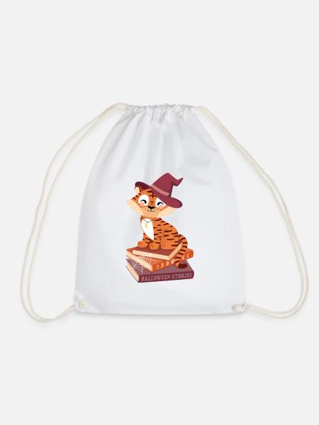 Tiger auf Halloween-Bücherstapel - Turnbeutel - Weiß