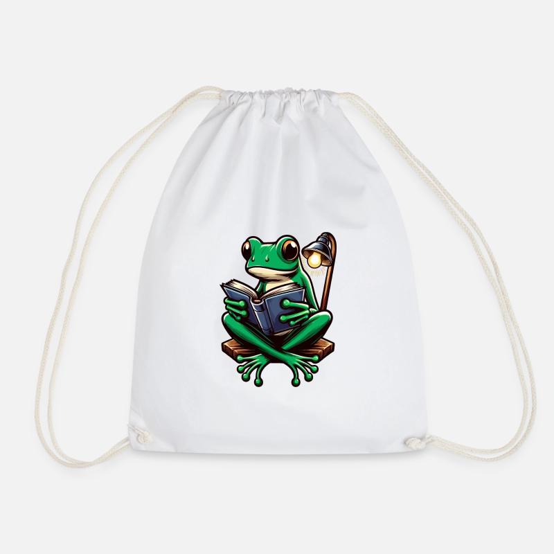 Frog with book - Drawstring Bag - white
