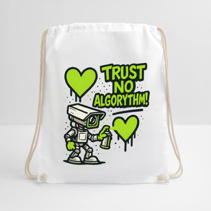 Robot with heart and anti-algorithm message Drawstring Bag