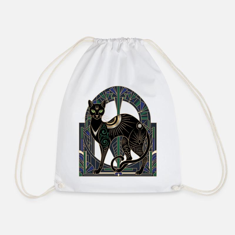 Night Cat Art Deco Stained Glass Window - Drawstring Bag - white