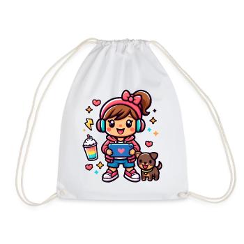 Aesthetic Gamer Girl with a surf tablet and a Pup - Drawstring Bag - white - Front