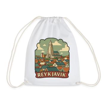 Reykjavik Iceland Hallgrimskirkja Retro Sticker - Drawstring Bag - white - Front