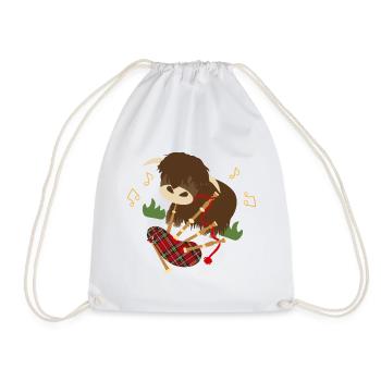 Highland Cattle Play Bagpipes - black - Drawstring Bag - white - Front