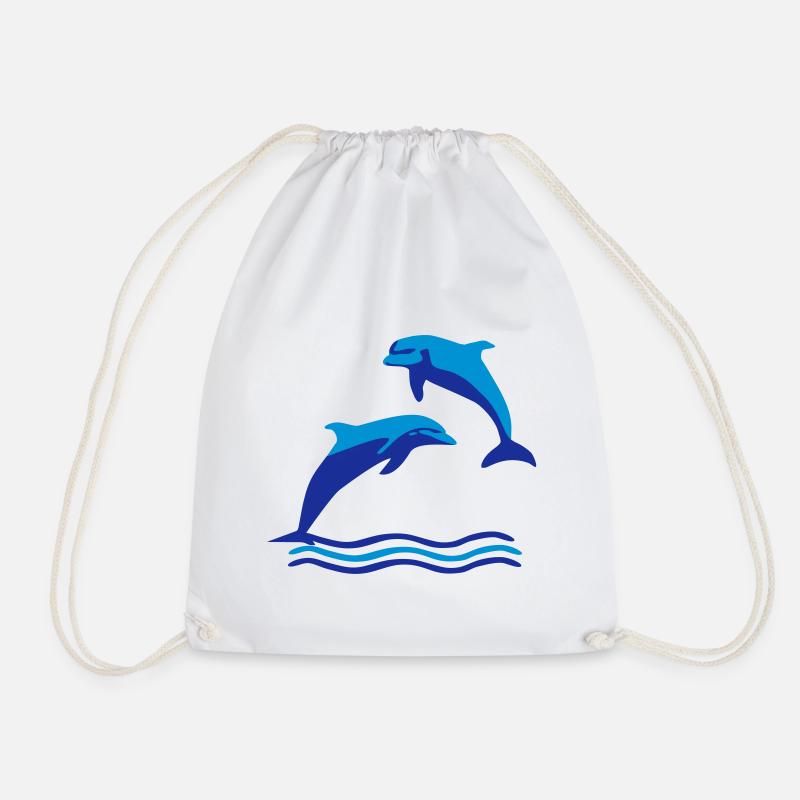 Dolphins & Waves, Dolphin - Drawstring Bag - white