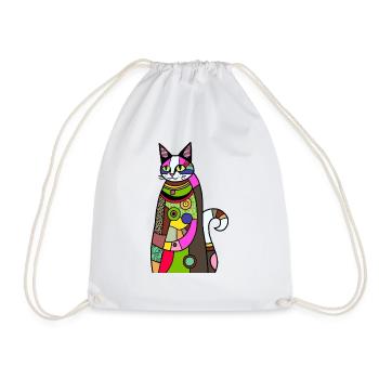 Patchwork Cat - Drawstring Bag - white - Front