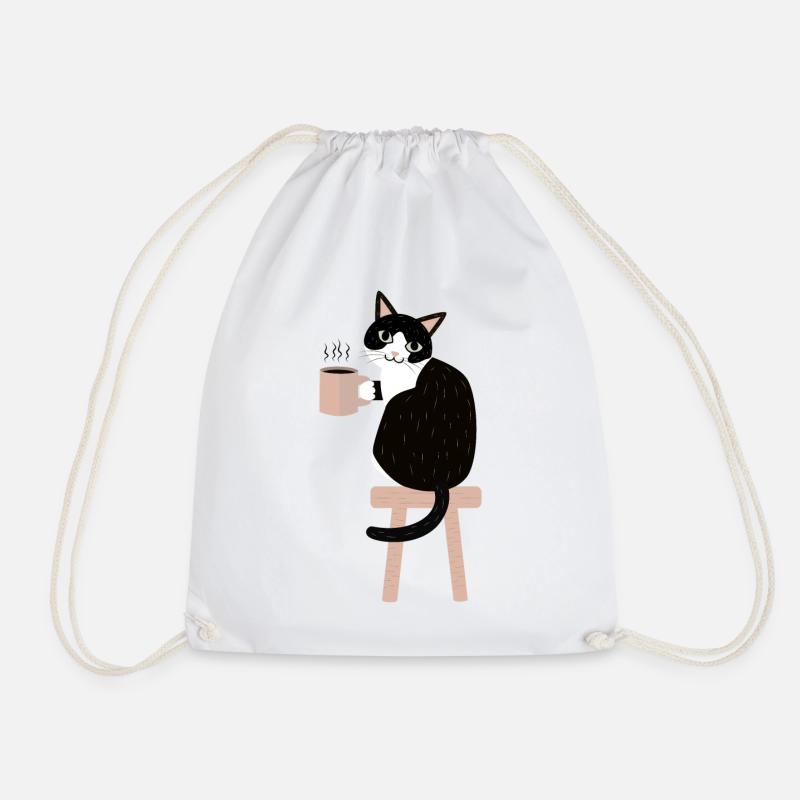 Coffee Break Cat - Drawstring Bag - white