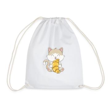 Cute Kawaii Cat with Croissant - Drawstring Bag - white - Front