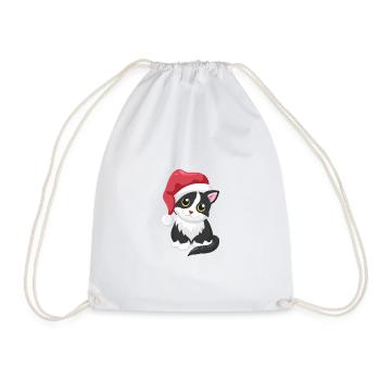 Cute Cat with Santa Hat - Drawstring Bag - white - Front