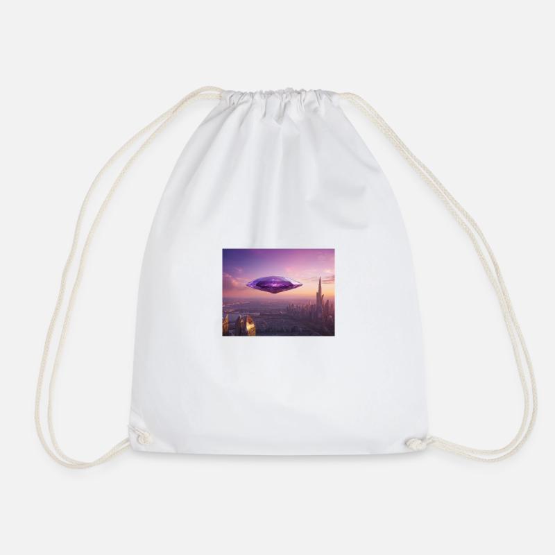 amethyst crystal spaceship hovering over city - Drawstring Bag - white