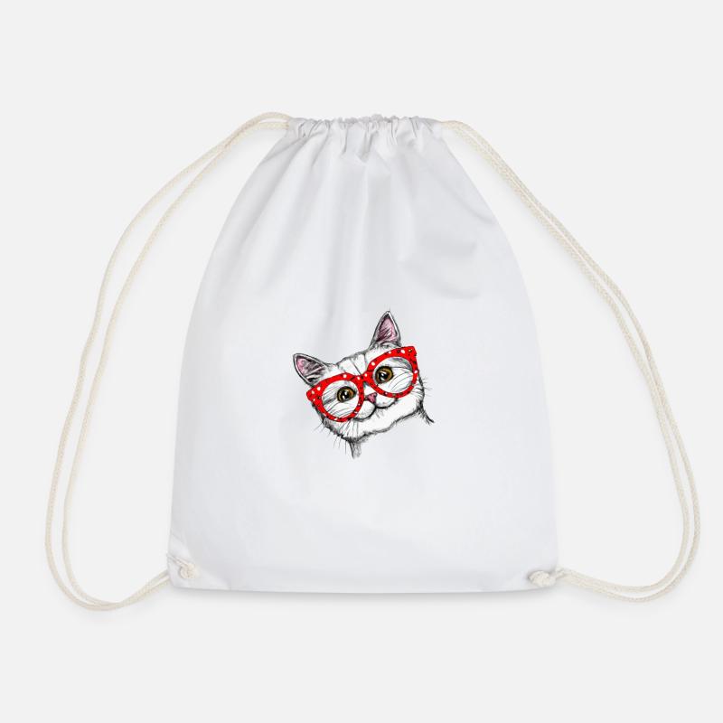 Funny cat with red glasses hand drawing - Drawstring Bag - white