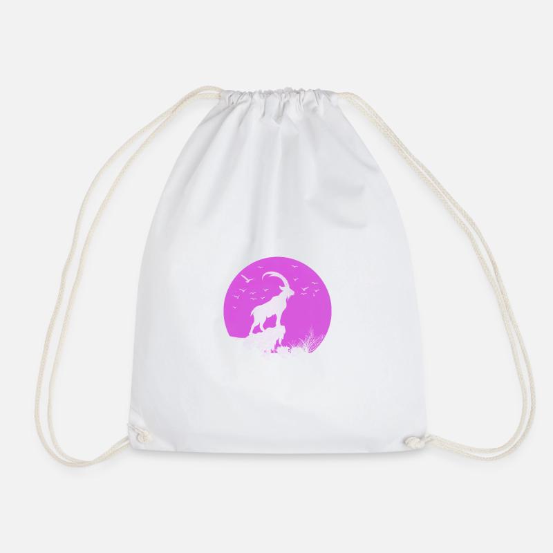 Pink Capricorn Ibex Silhouette in the Moon Circle - Drawstring Bag - white