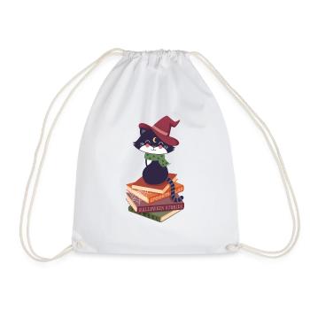 black cat on Halloween book pile - Drawstring Bag - white - Front