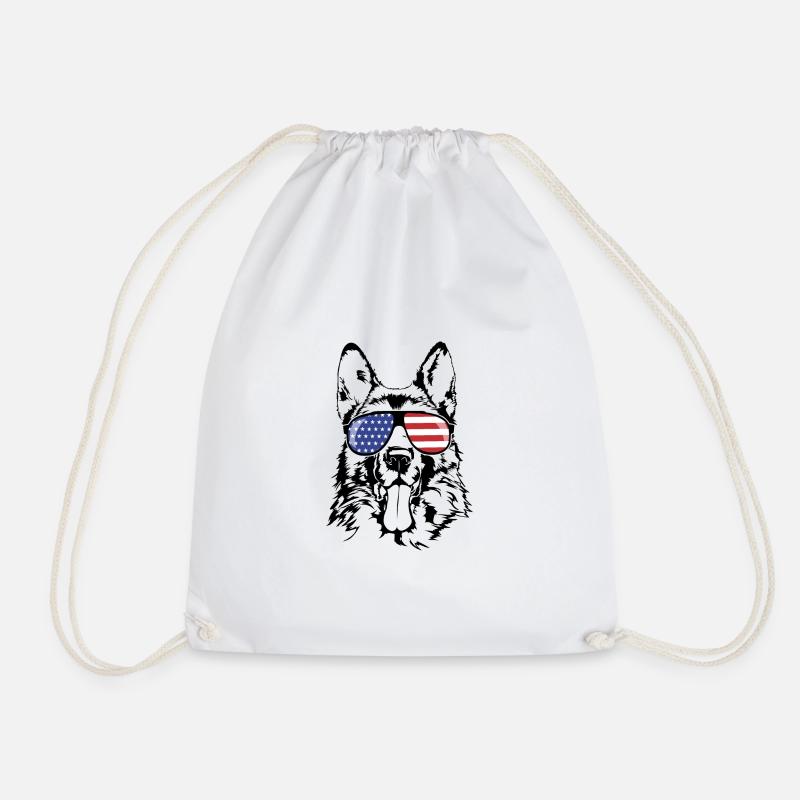 GERMAN SHEPHERD America Flag Dogs Wilsigns - Drawstring Bag - white