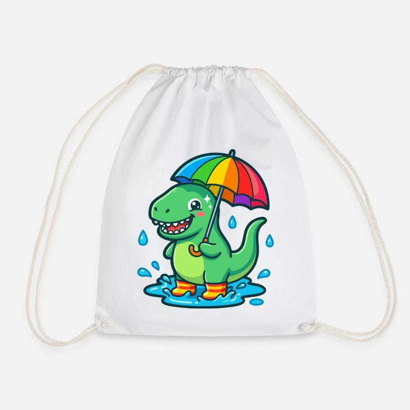 Dino with colorful rainbow umbrella - Drawstring Bag - white
