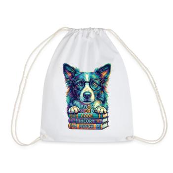 Pop Art Border Collie Nerd Dog - Books - Drawstring Bag - white - Front