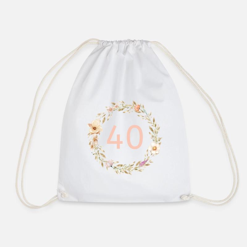 Customizable number 40, flower wreath, boho - Drawstring Bag - white