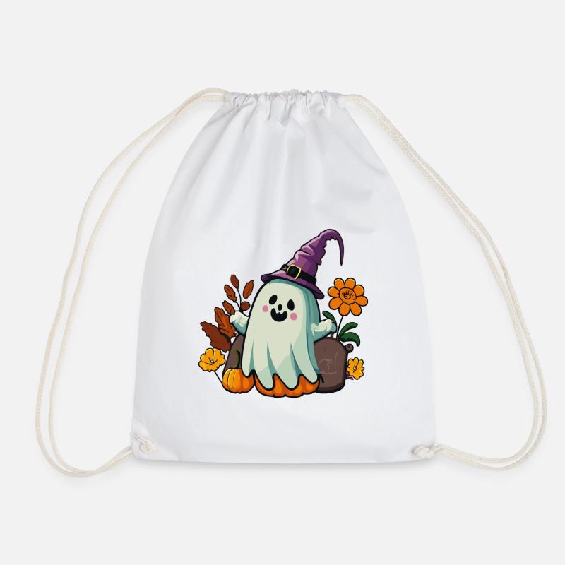 Cute ghost with witch hat, Halloween - Drawstring Bag - white
