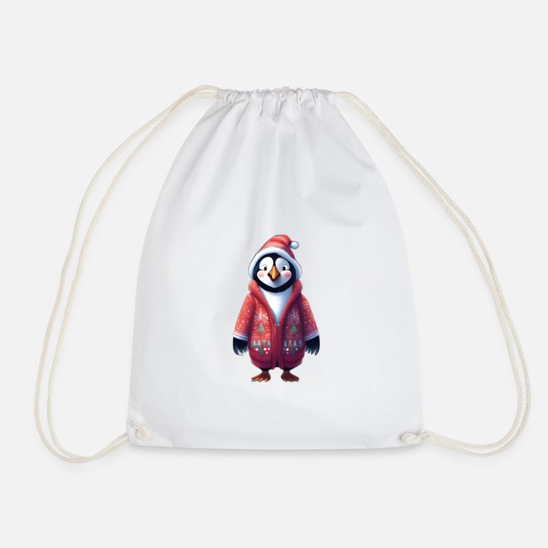 Penguin in Festive Attire - Drawstring Bag - white