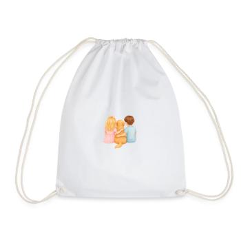 Two Children with Golden Retriever – Young Girls - Drawstring Bag - white - Front