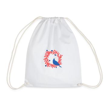Christmas image, blue bird on red wreath - Drawstring Bag - white - Front