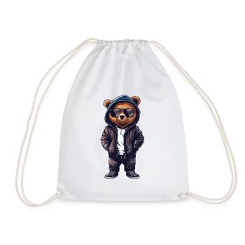 Cool Teddy Bear T-Shirt, Leather Jacket, Sunglasses - Drawstring Bag - white - Front