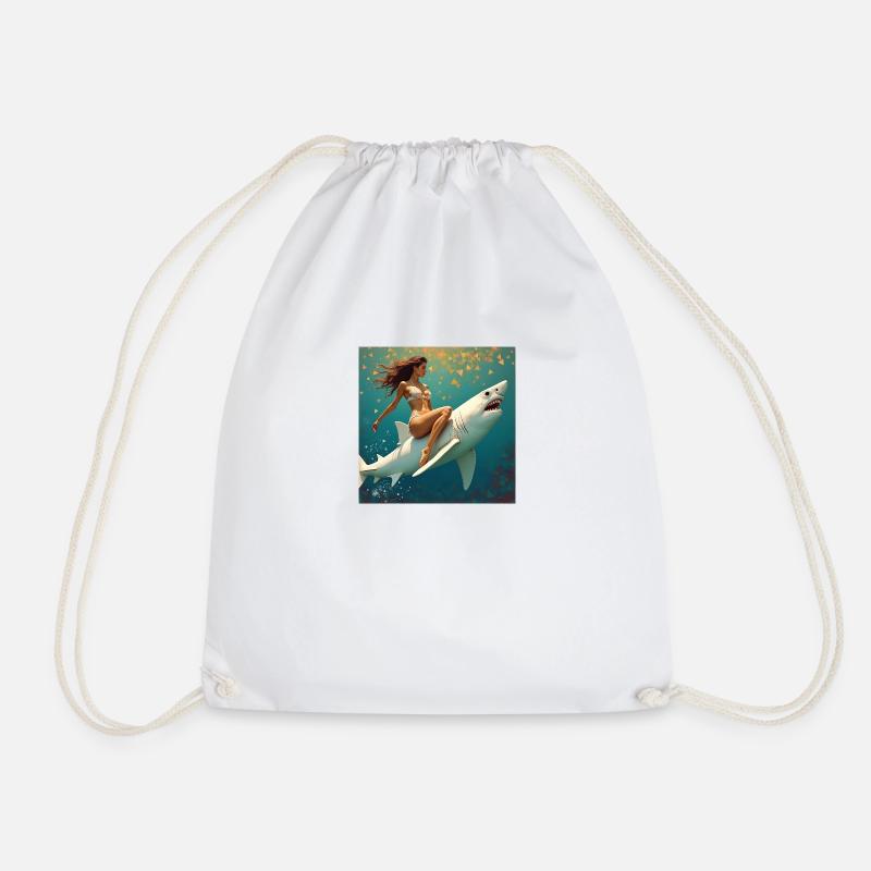 Shark Riding - Drawstring Bag - white
