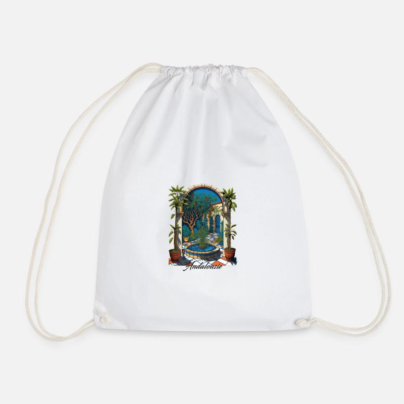 Andalusia Azure Courtyard and Botanical - Drawstring Bag - white