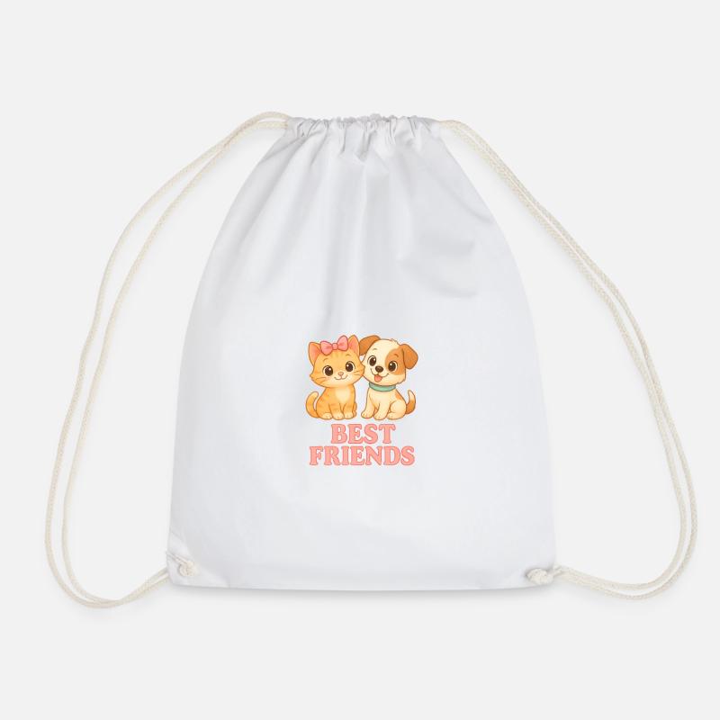 Best Friends – cute cat & dog - Drawstring Bag - white