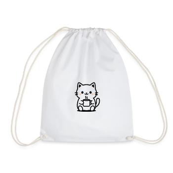 Cute Cat with Coffee Design - Drawstring Bag - white - Front